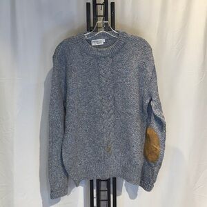Men's Heather Blue Cable Knit Sweater with Tan‎ Elbow Patch
